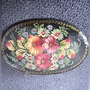 Vintage Russian Hand-painted Black Lacquer Brooch